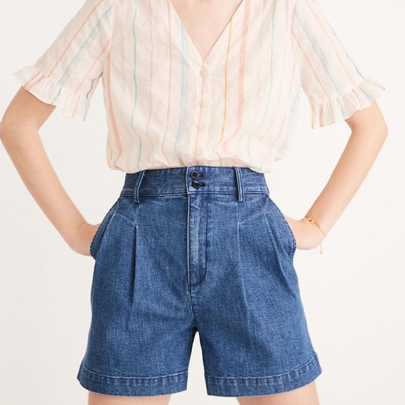 denim pleated shorts